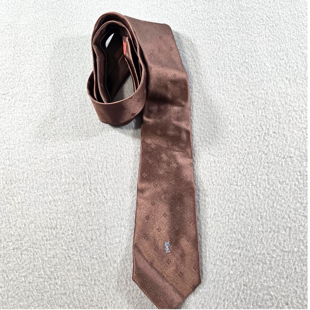Yves Saint Laurent Necktie Mens OS Brown Silk Geometric YSL Monogram Vintage
